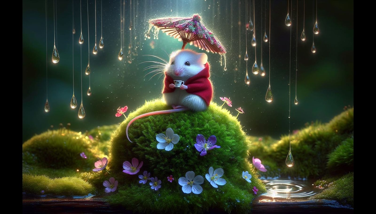 Mouse in Red Hoodie Under Flower Umbrella