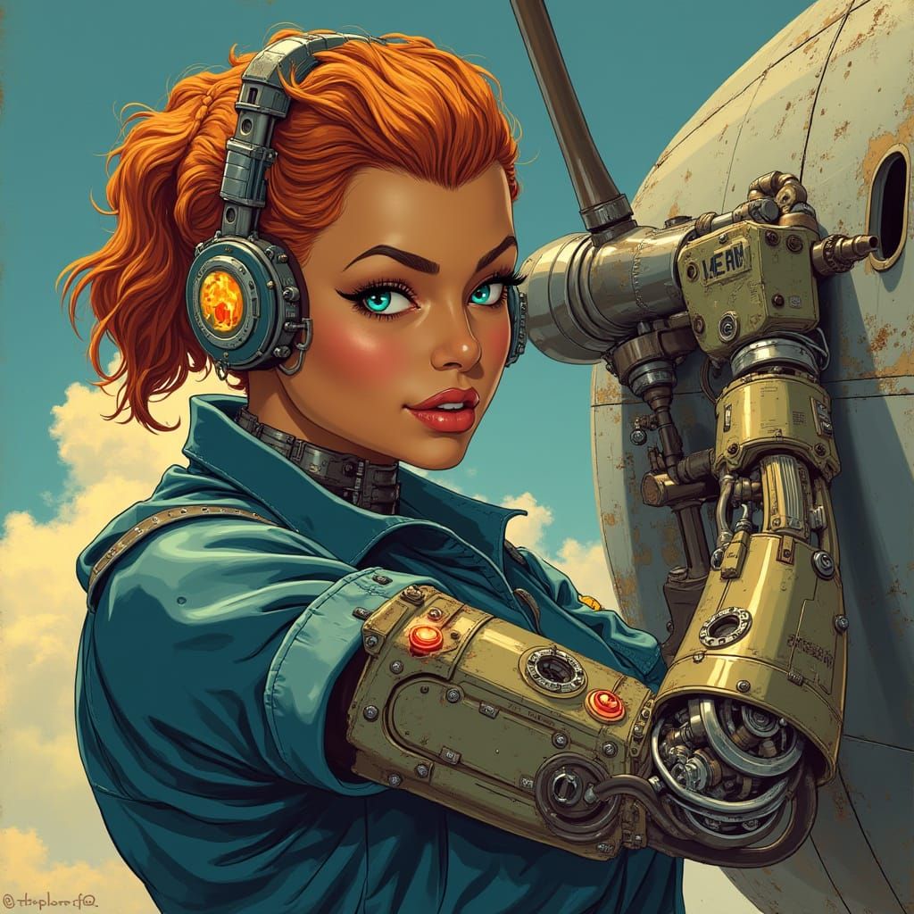Cyberpunk Rosie the Riveter Cyborg Builds Plane with Gears
