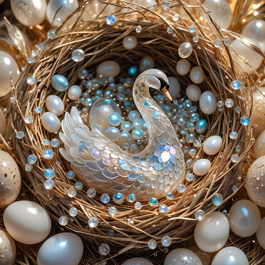 Translucent Quartz Swan with Diamond Eggs
