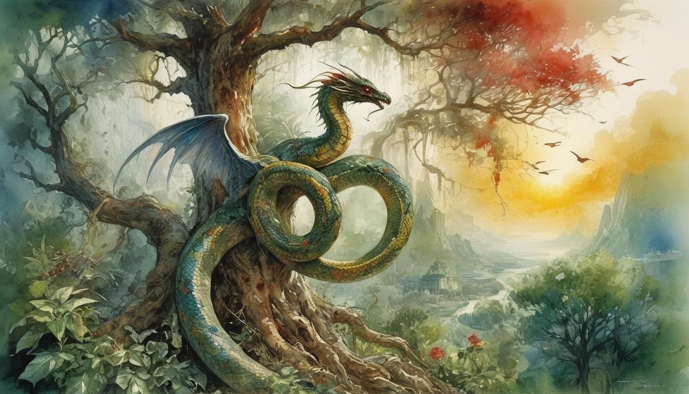 Winged Serpent in Eden, Watercolor Double Exposure