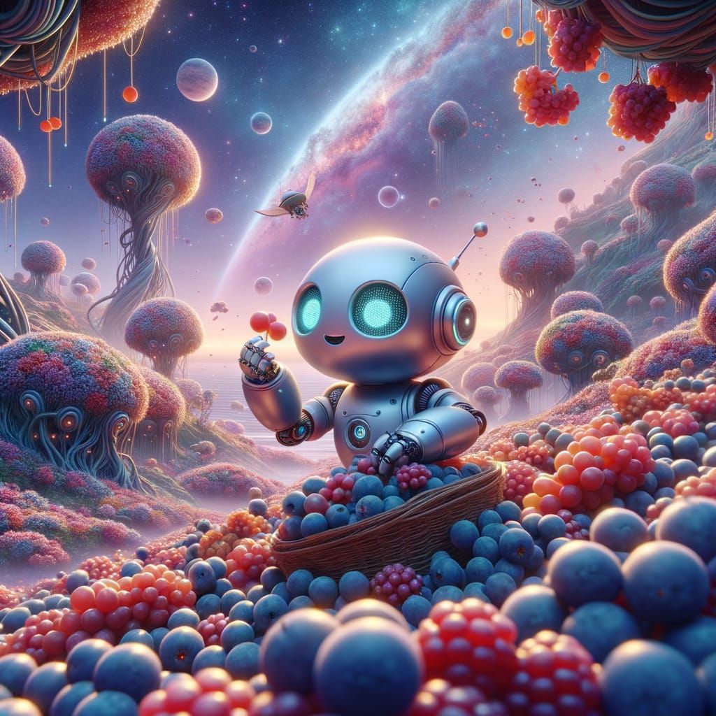 Joyful Robot Harvests Alien Berries: Digital Matte Painting