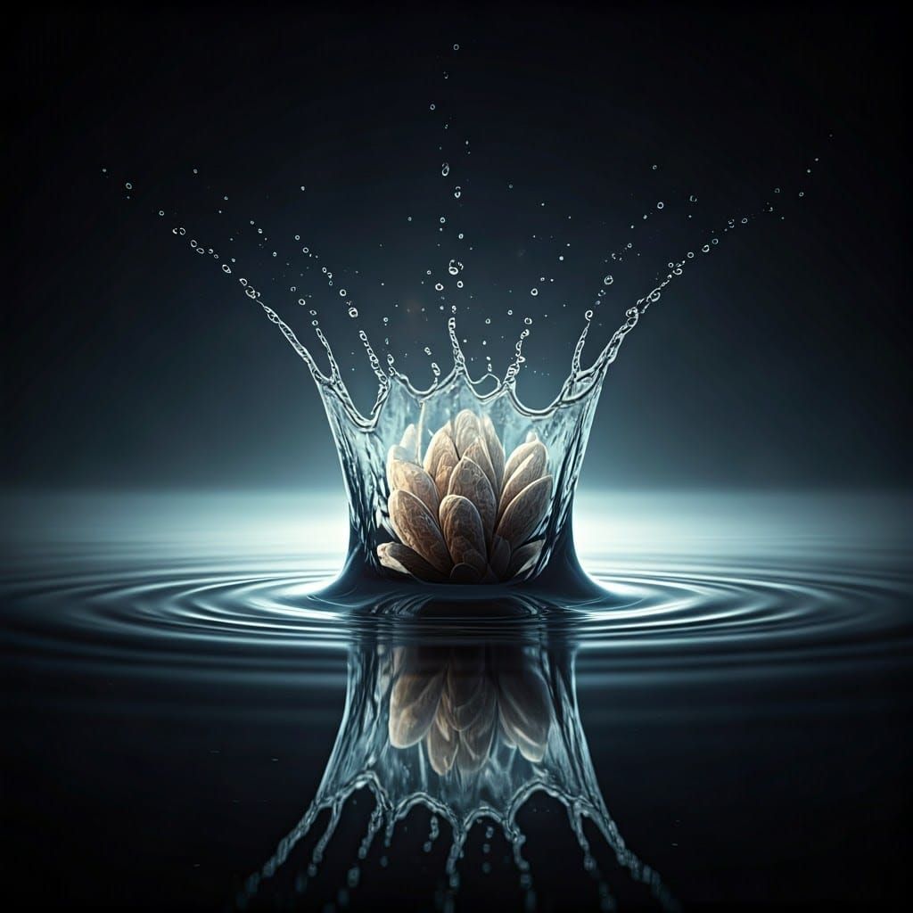 Stone Flower Disrupts Mirrored Pond in Surreal Ink Drawing