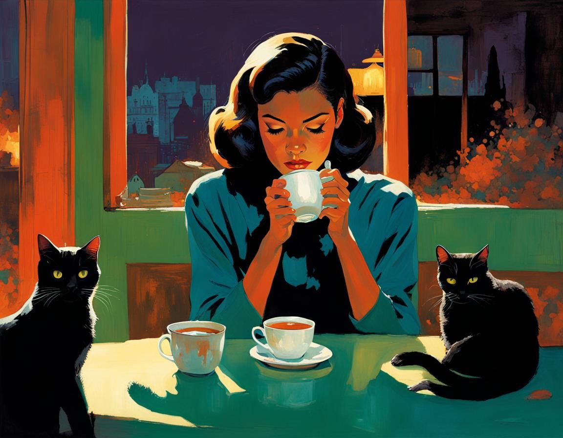 Girl Drinking Tea with Ghosts, Fine Art Illustration