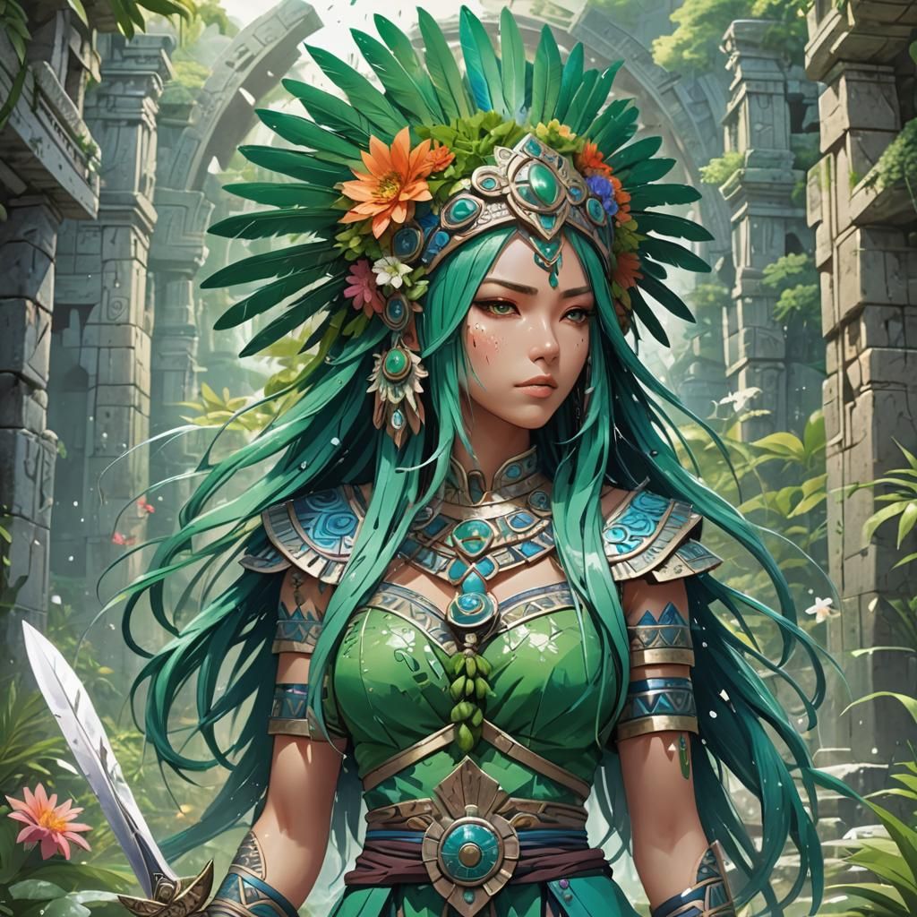Vibrant Aztec Anime Girl in Mesoamerican Ruins
