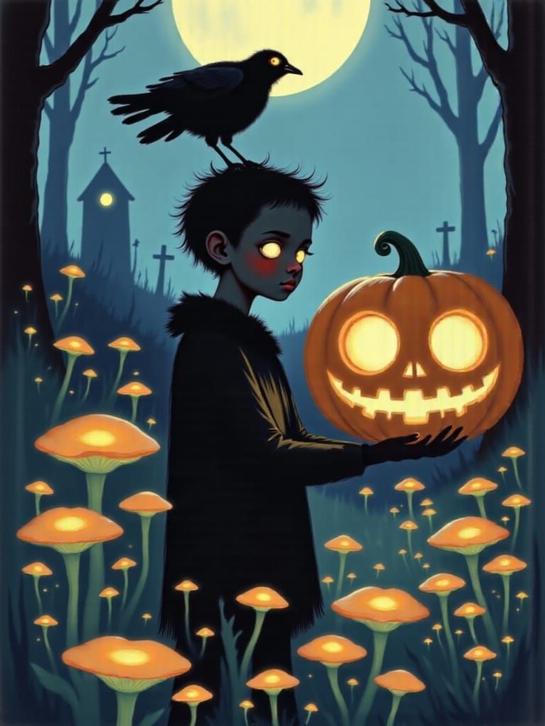 Frankenstein's Monster with Jack-o'-Lantern in Autumn Gravey...