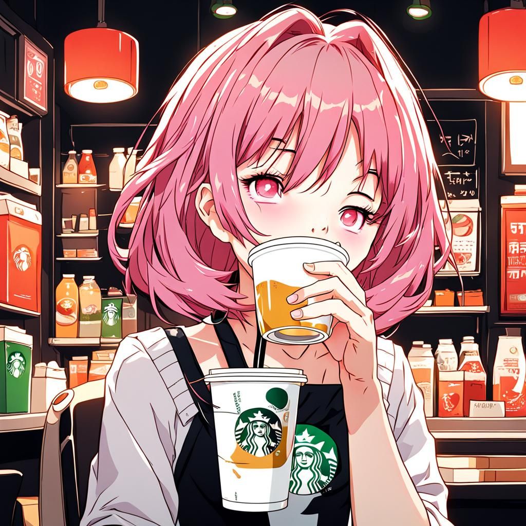 Anime Girl with Pink Hair and Starbucks Drink