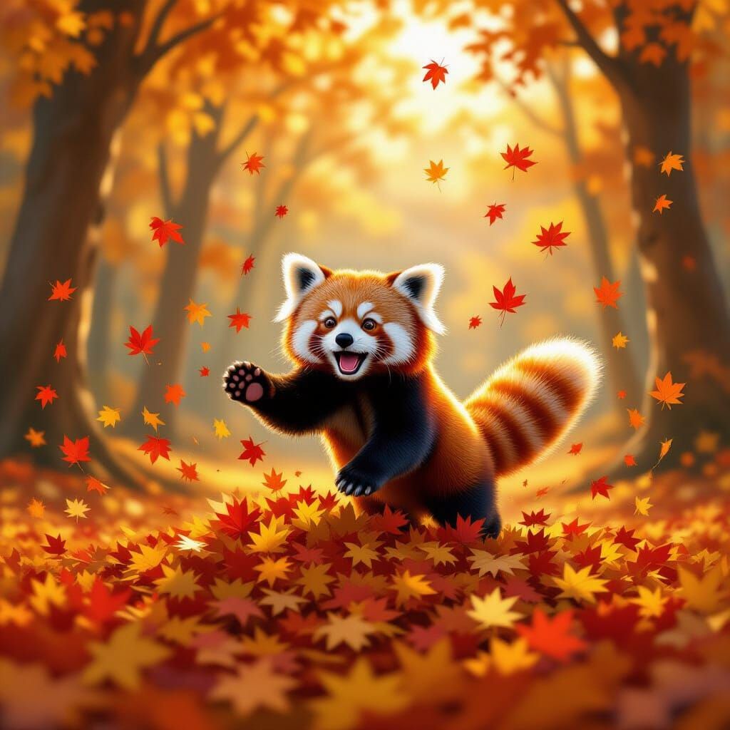 Fluffy Red Panda Leaps Into Autumn Leaves
