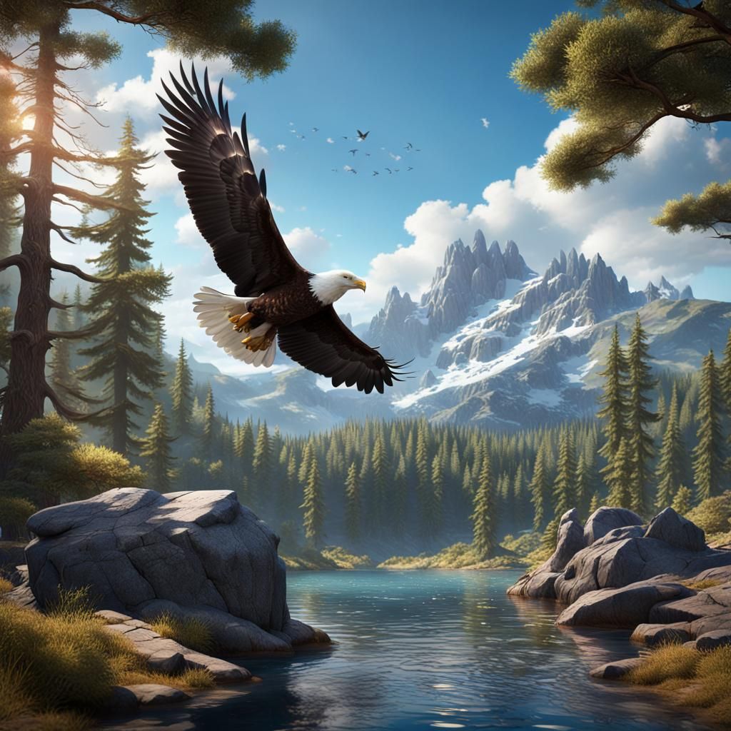 Eagle Overlooking Mountain Lake in Detailed Digital Painting