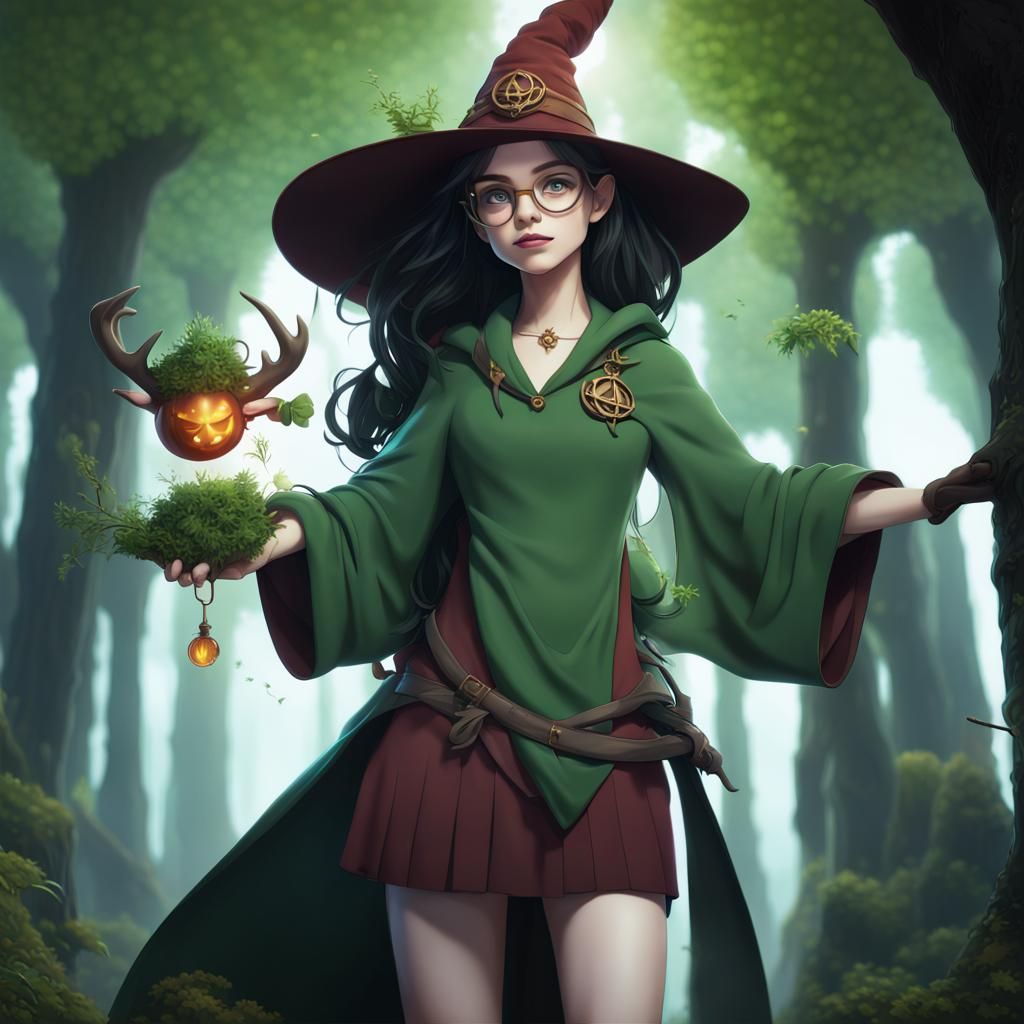 Anime Girl in Druid Robes with Plant Magic