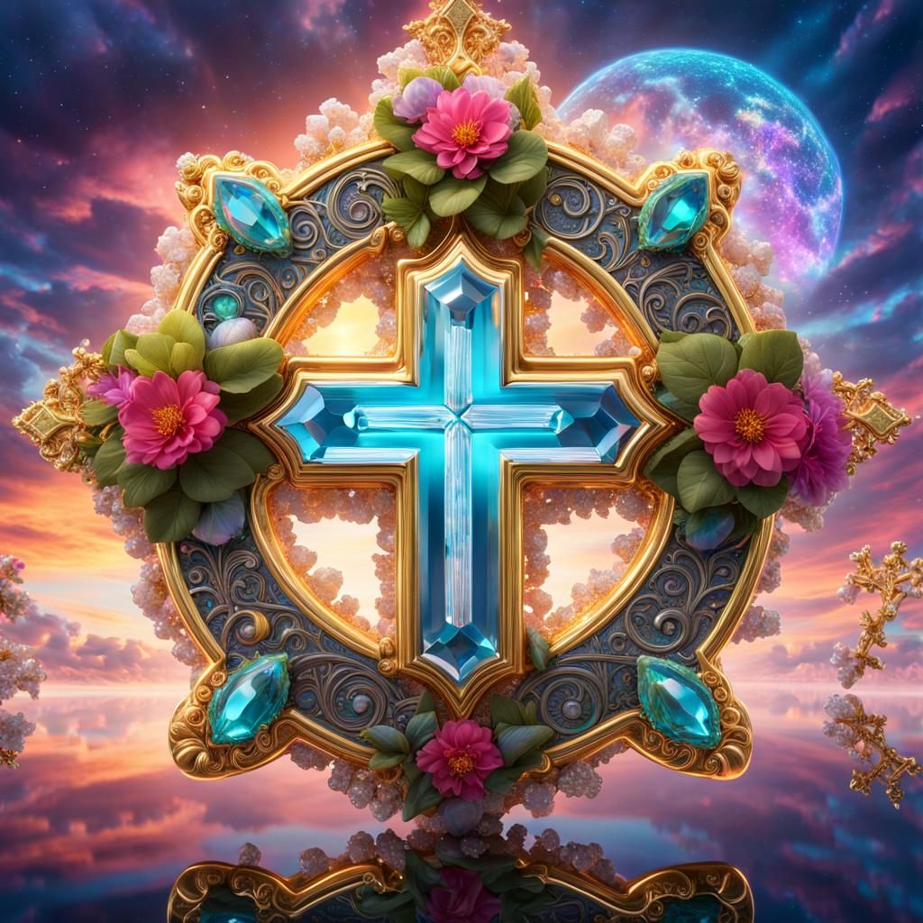 Bioluminescent Christogram on Floating Cross in Fantasy Gard...