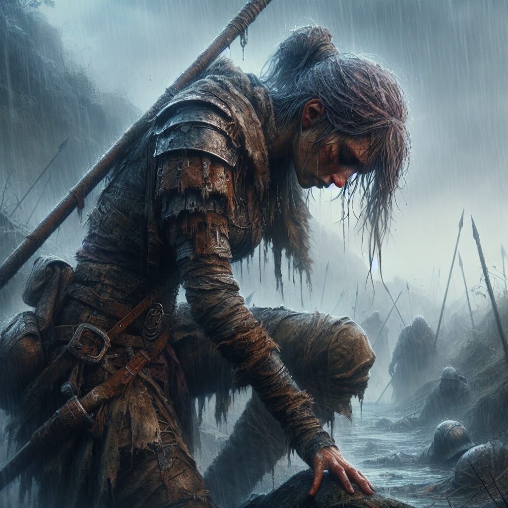 Distraught Warrior Leans on Spear in Rainy Battlefield