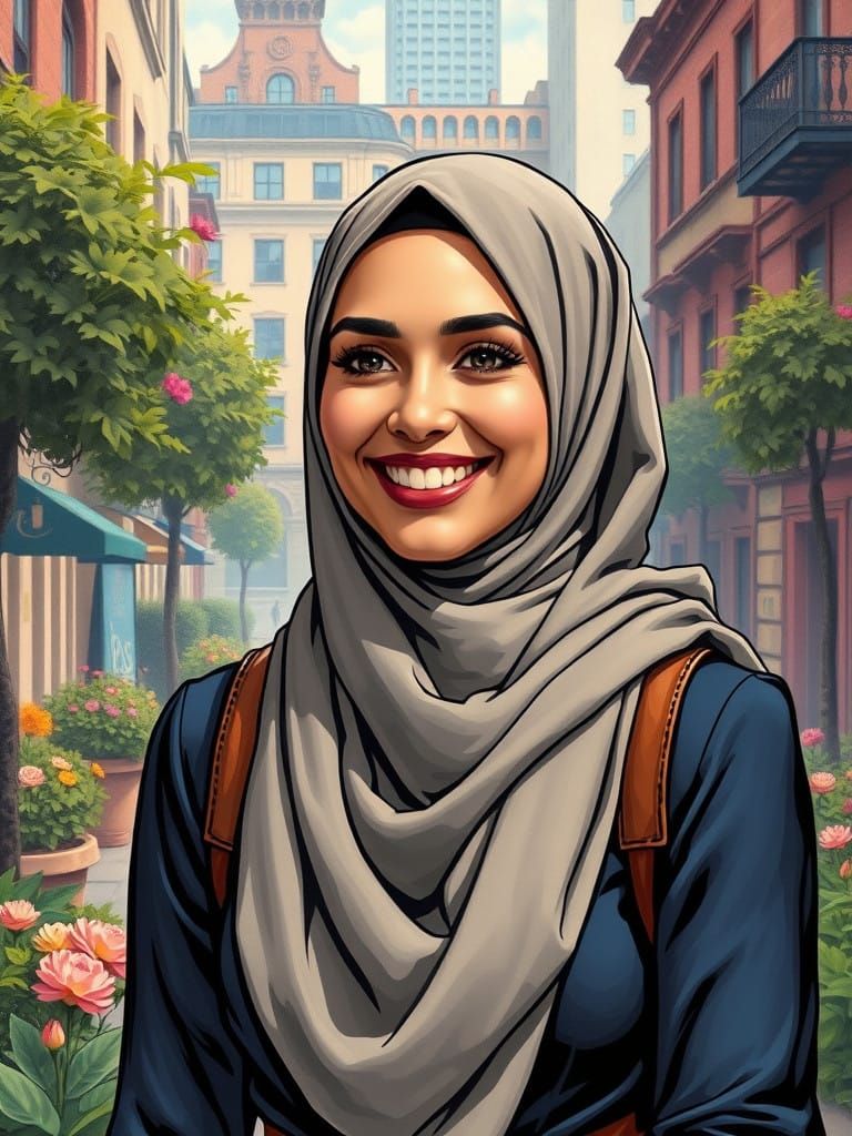 Hijabi Woman in Modest Chic, Inspired by Comic Book Art
