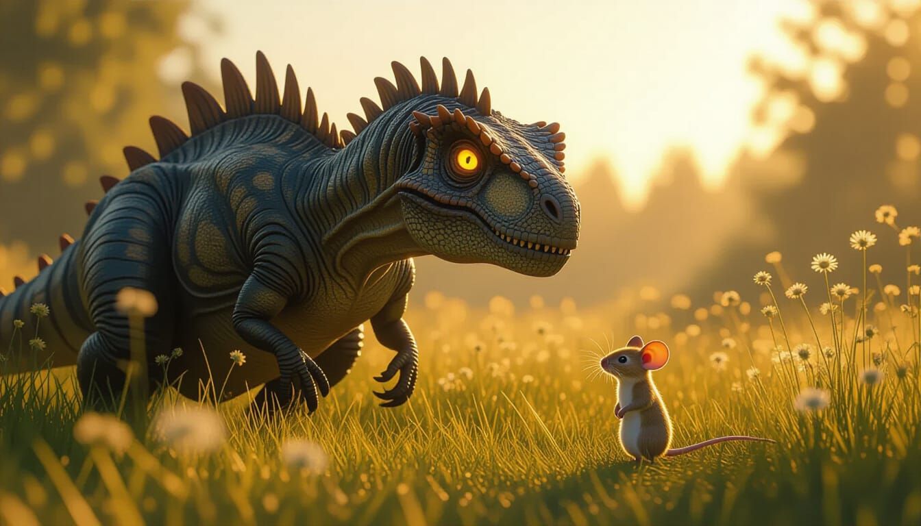 Dinosaur and Mouse Chatting in Golden Hour Meadow