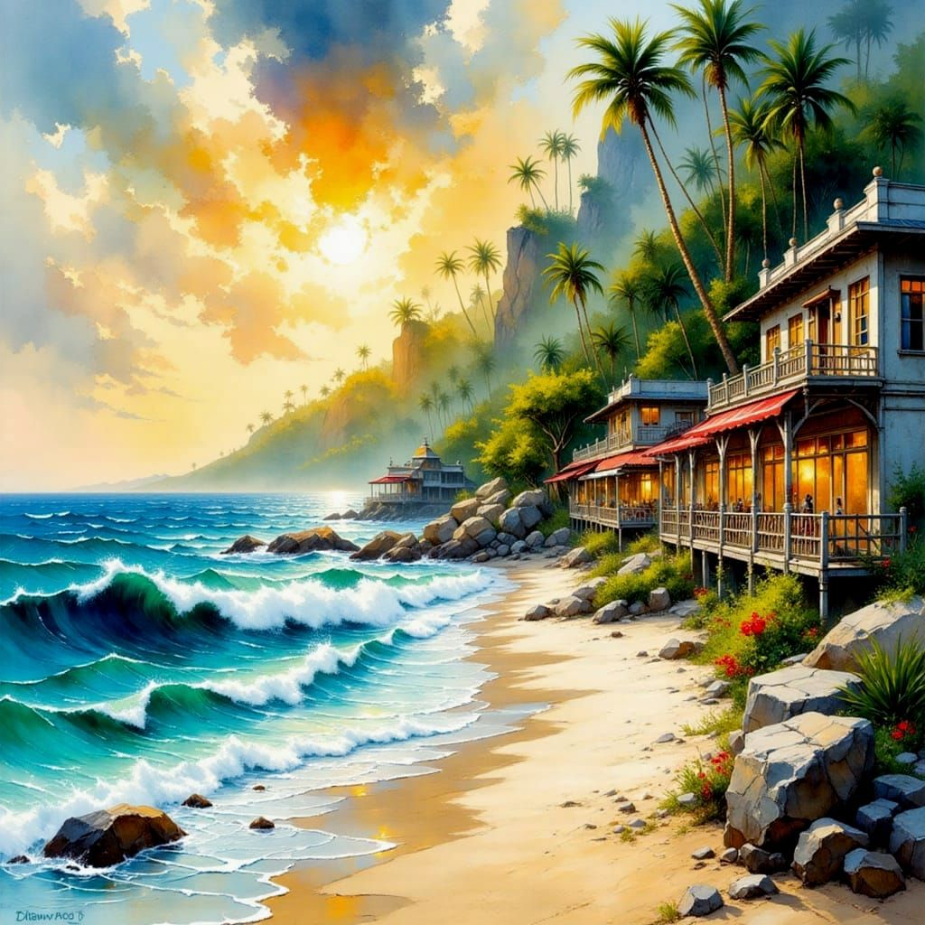 Dreamy Summer Beach Sunset with Boardwalk Shops