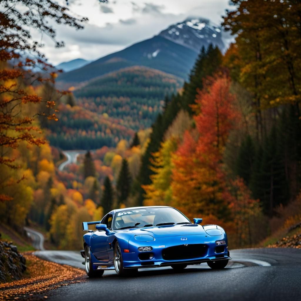 Blue Mazda RX7 FD3S on Autumn Mountain Road