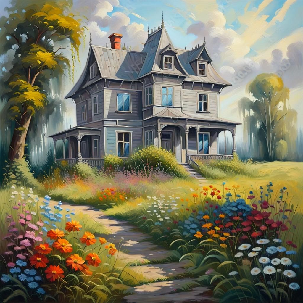 Vintage House in Fantasy Meadow, Oil Painting