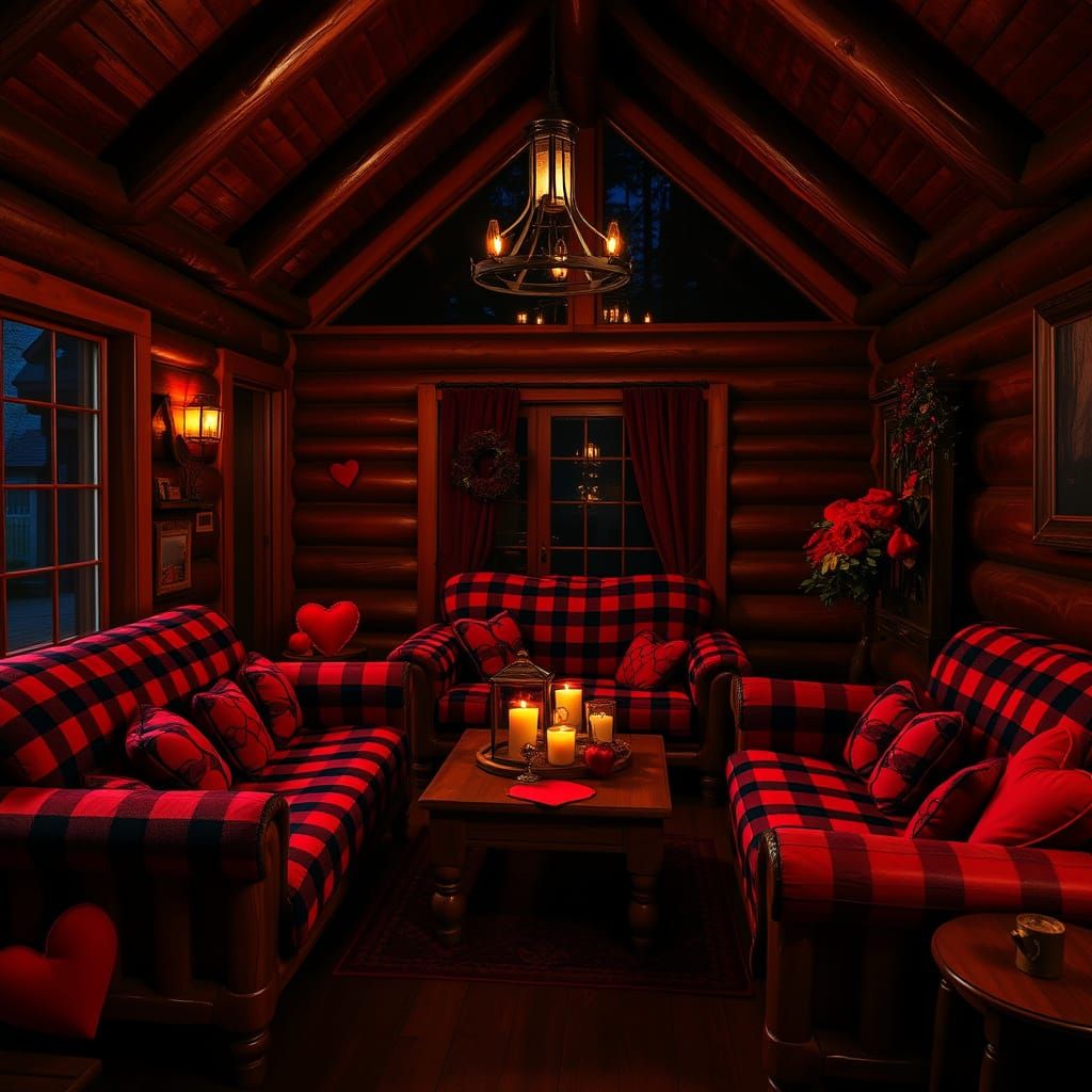 Dark Romantic Log Cabin Interior with Red Hearts