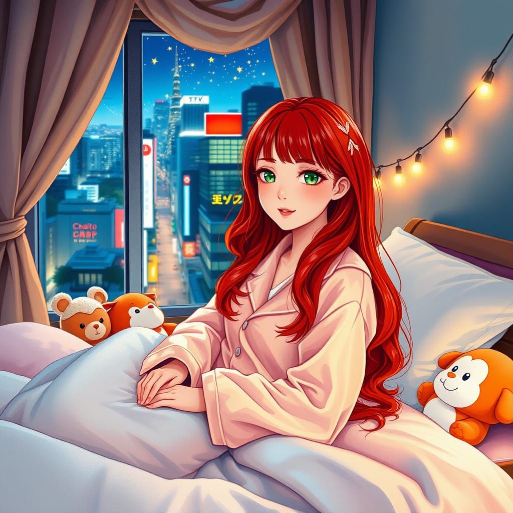 Whimsical Japanese Woman in Cozy Bedchamber at Night