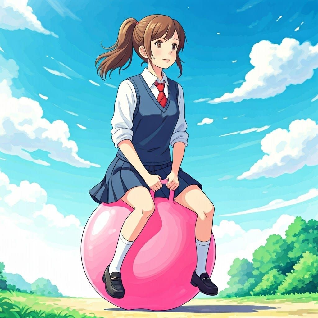 Vibrant School Girl in Whimsical Studio Ghibli Landscape