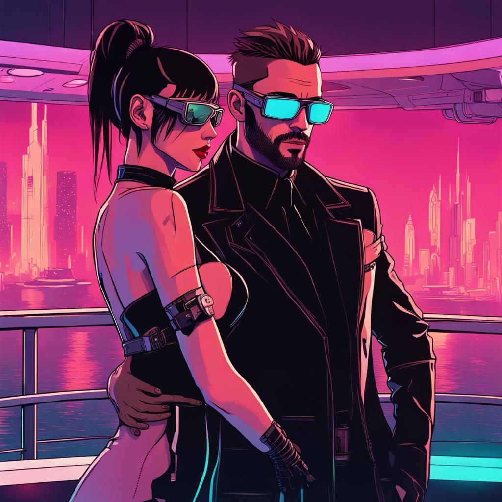 A loving Cyberpunk couple stand together on the deck of a fu...