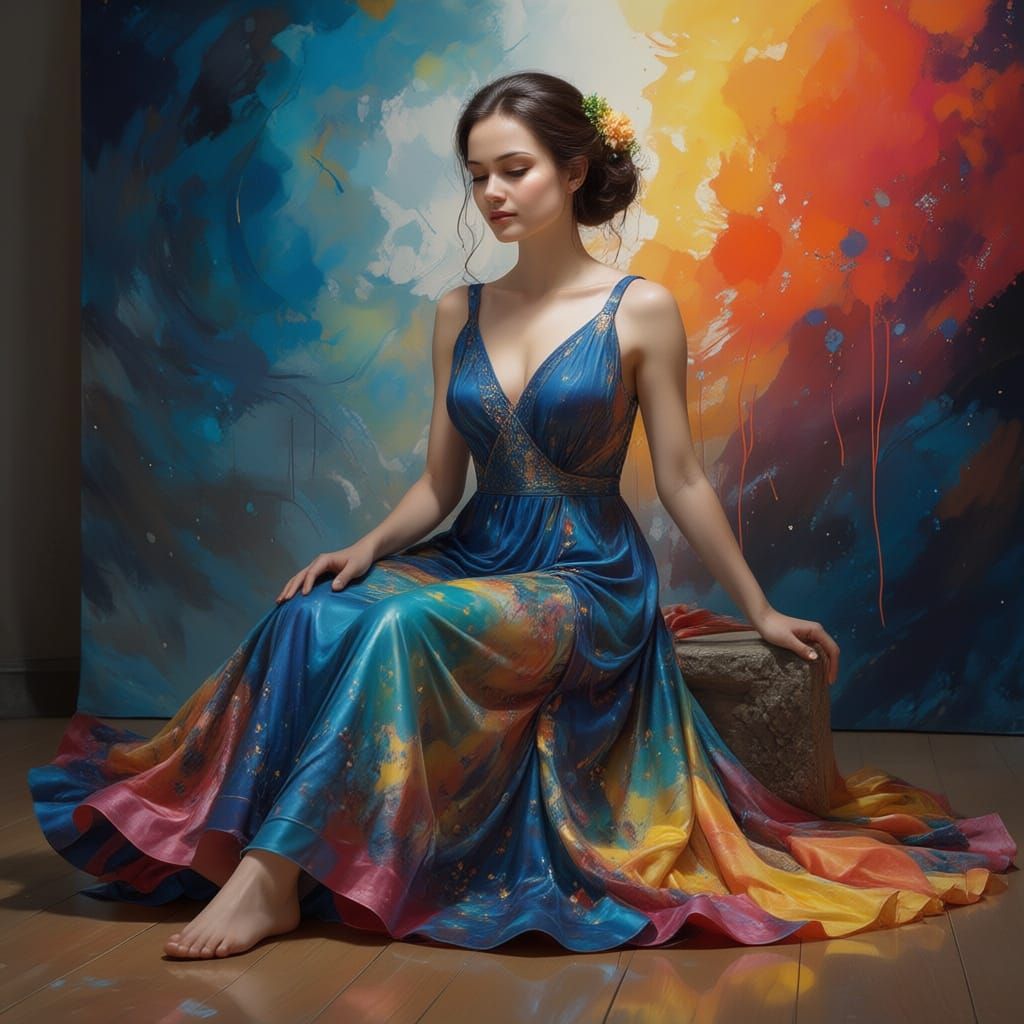 Ancient Princess Portrait with Flowing Silk and Watercolor T...