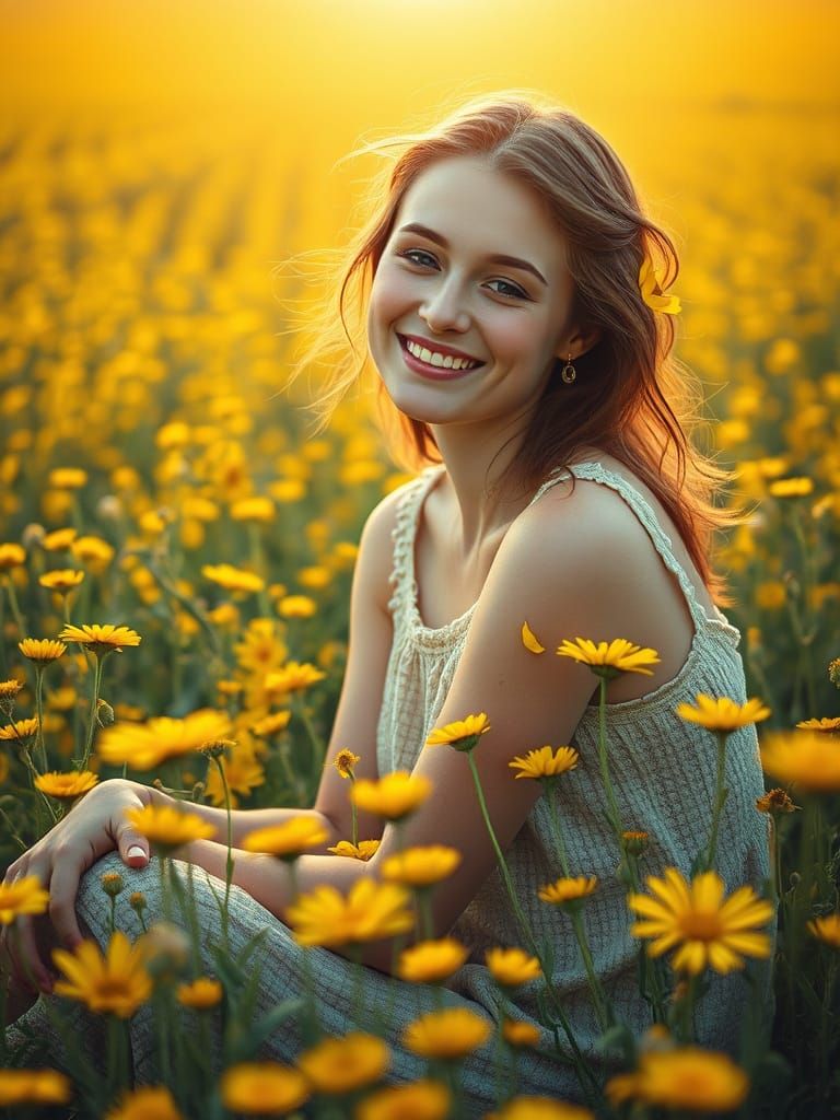 Surreal Dreamer in Vibrant Yellow Wildflowers