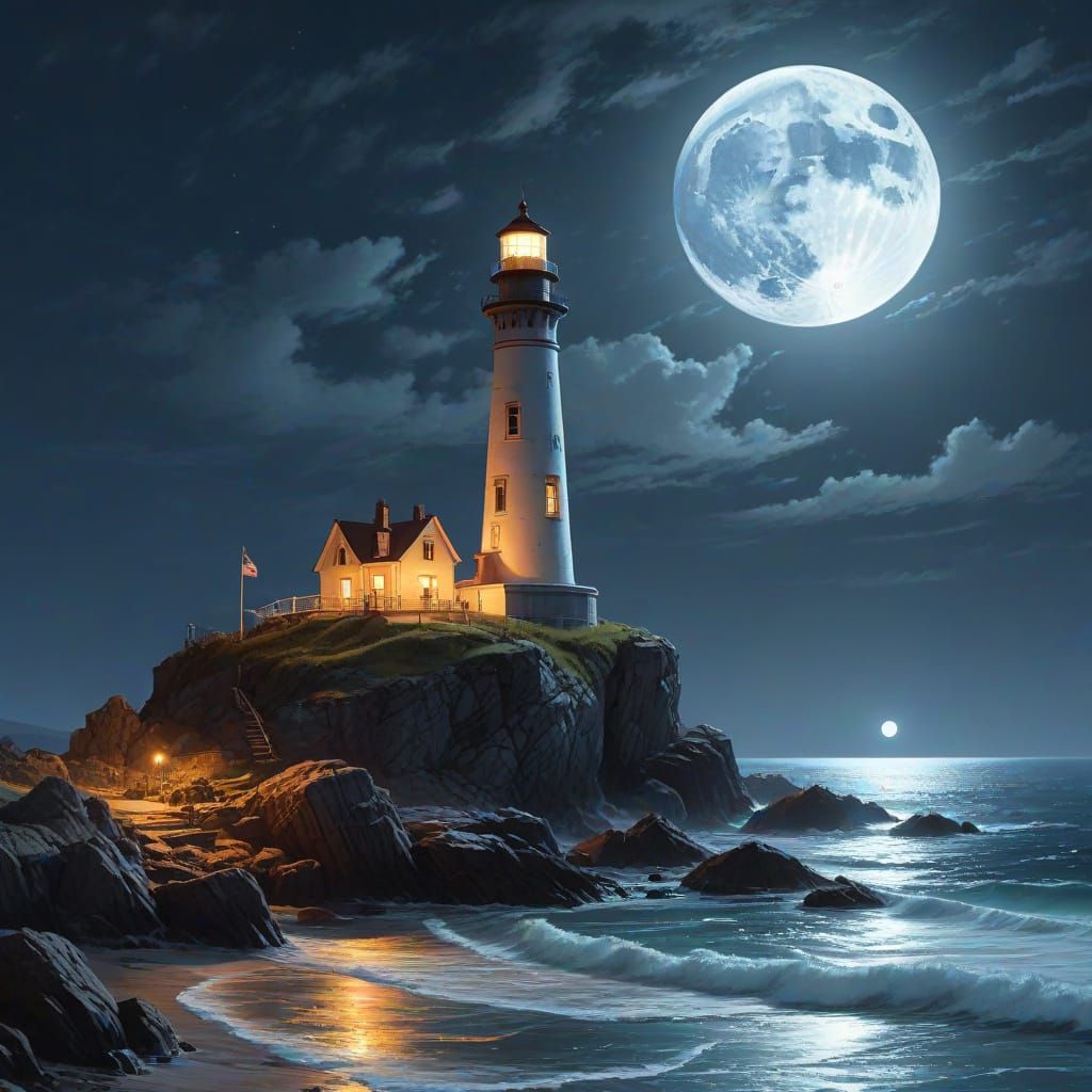 Lighthouse Under Full Moon in Maximalist Style