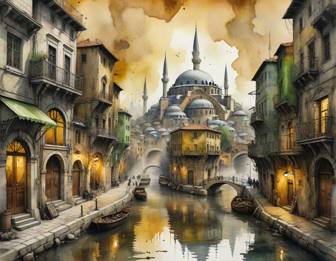 Watercolor Cityscape of Ancient Constantinople in Steampunk ...