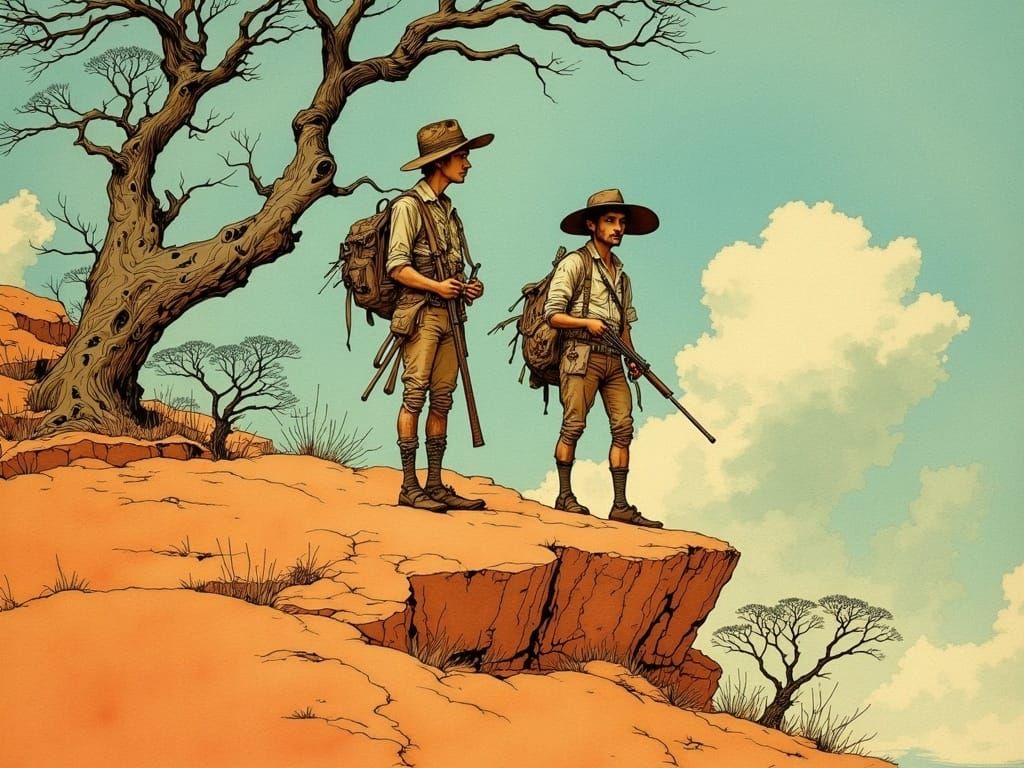 Vintage Safari Men on Burnt Orange Rock Formation in Whimsic...