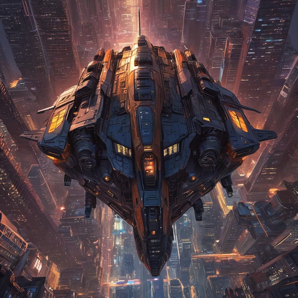 Sci-Fi Mothership over Metropolis in Comic Book Style