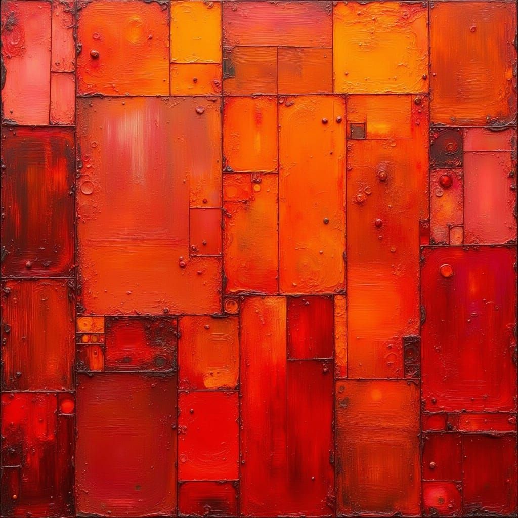 Vibrant Brick-Red Color Field Painting with Glitch Art Textu...