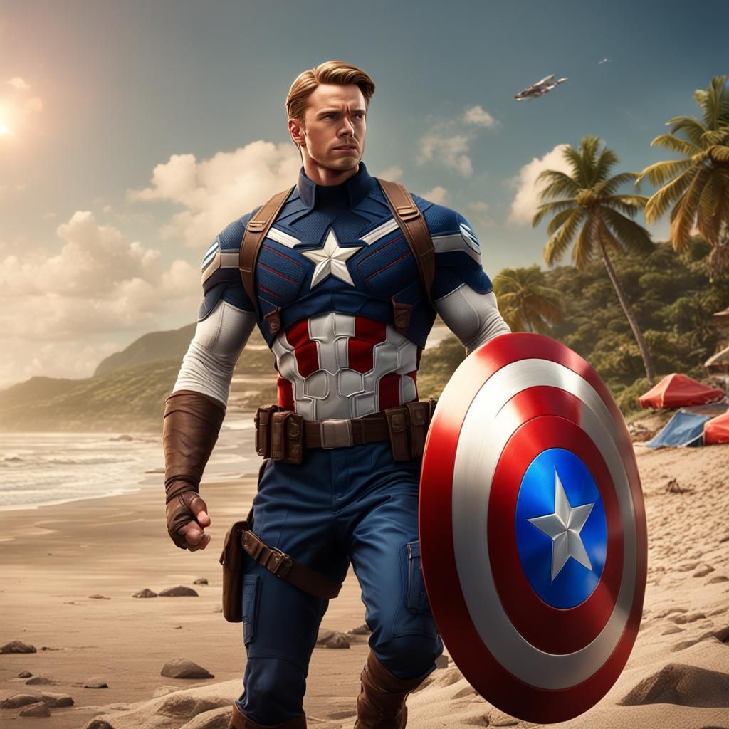 Handsome muscular Steve Rogers on vacation at the beach. Captain America shield slightly showing from under a towel.