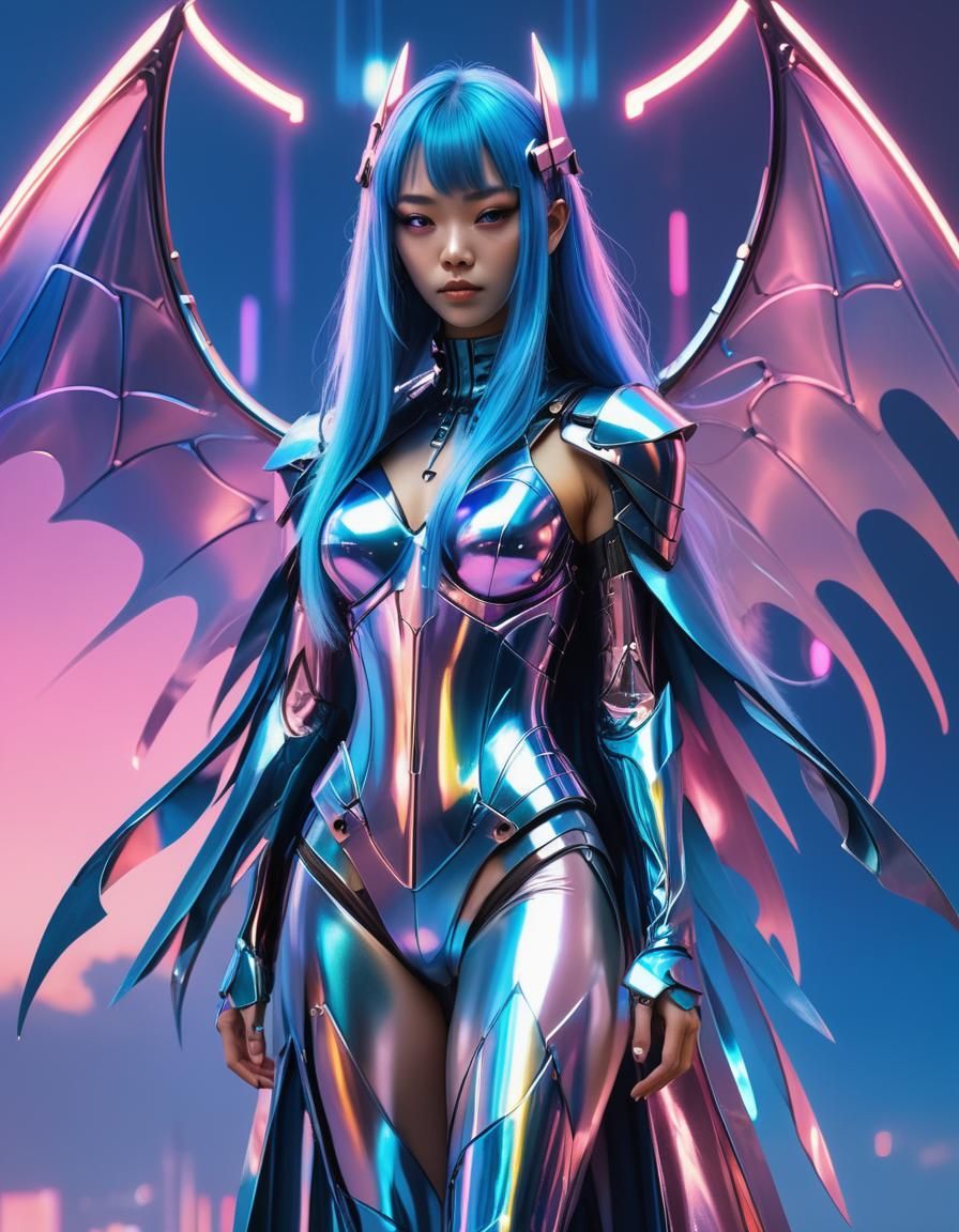 Cyberpunk Angel with Neon Wings in Digital Art