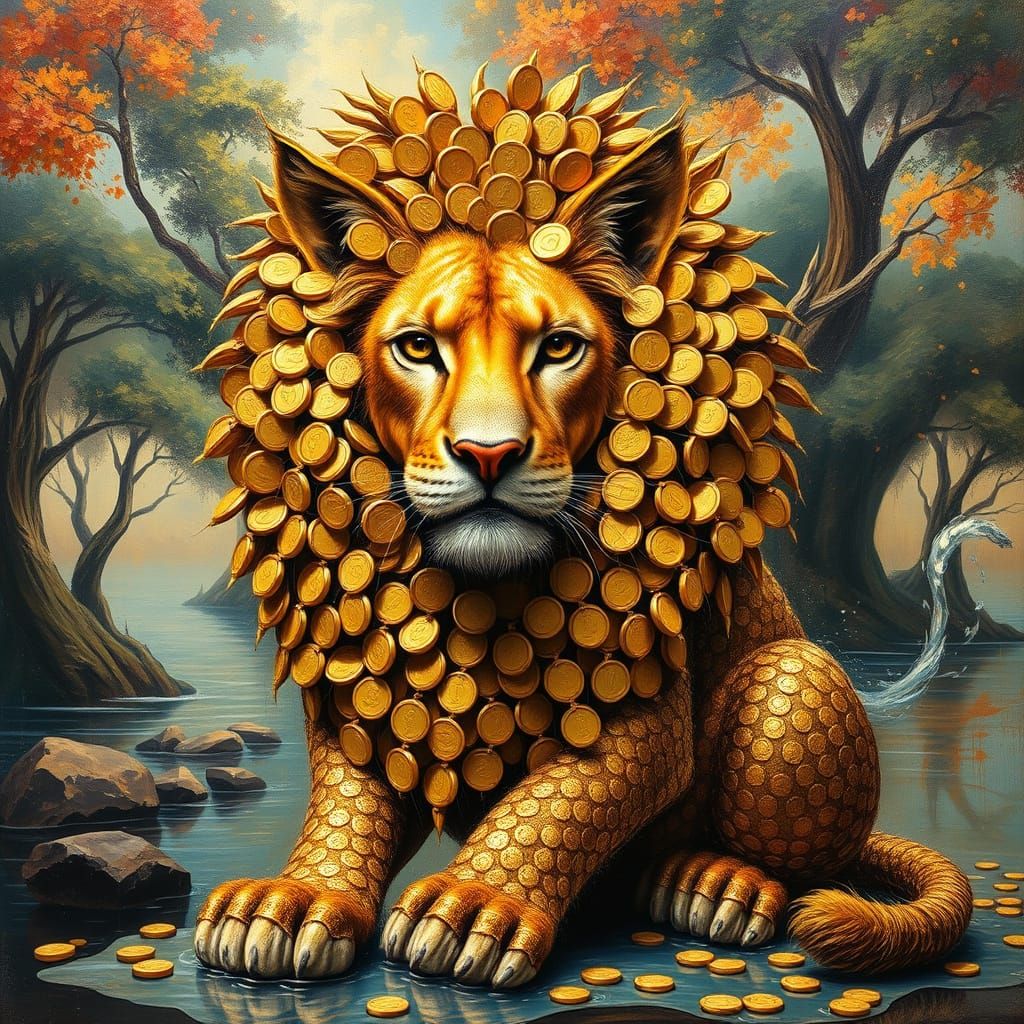 Golden Lion in Surrealist Dreamscape