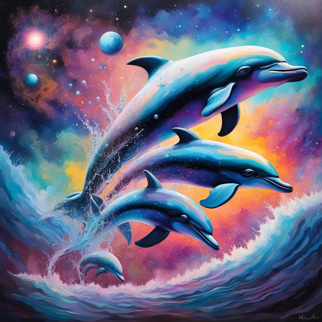 Astral Dolphins in Milky Way Galaxy Graffiti Art
