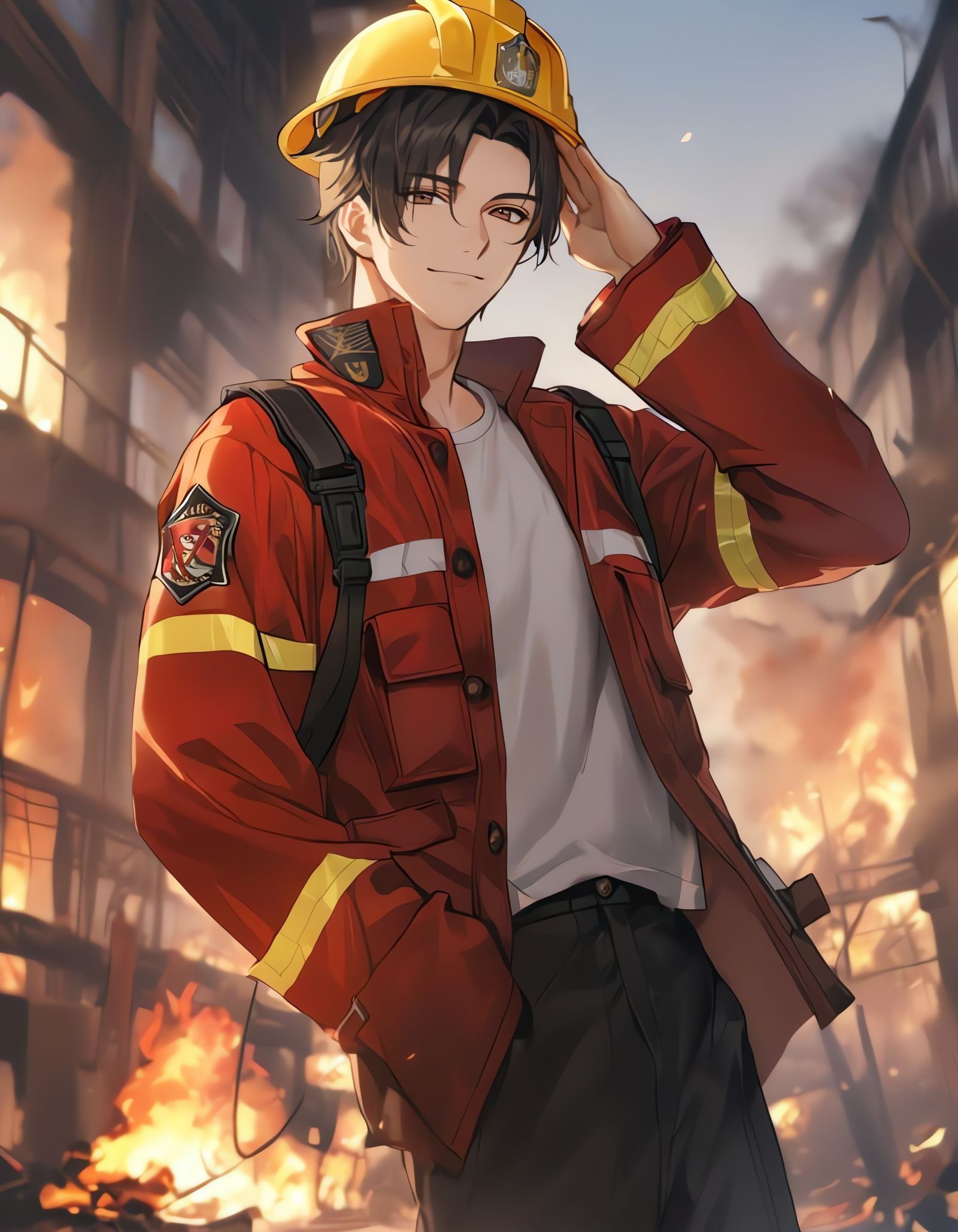 Brash Firefighter Salutes Amid Burning Inferno