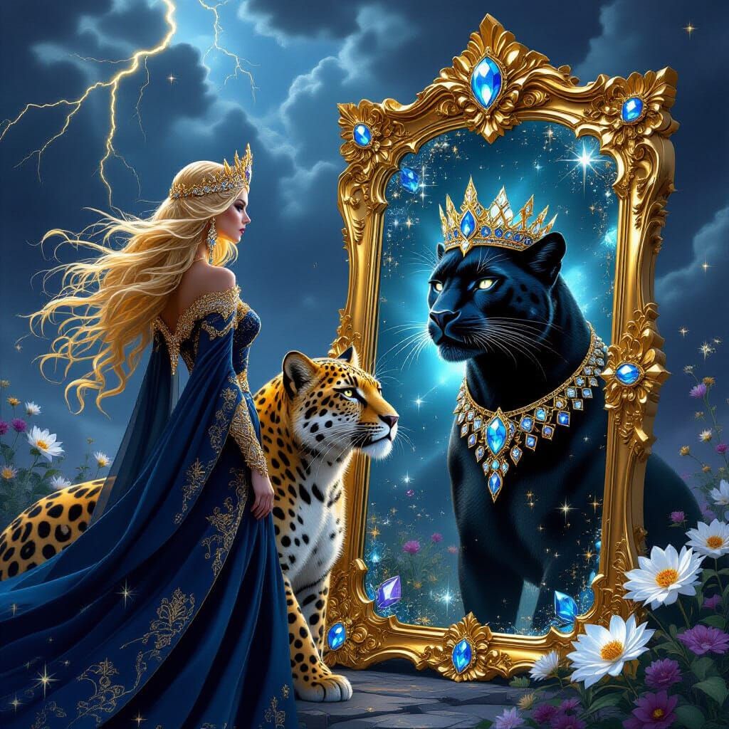 Sorceress Queen and Leopard Gaze into Mirror