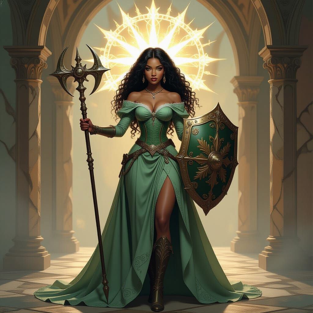 Black Cleric Woman with Mace and Shield in Gothic Art