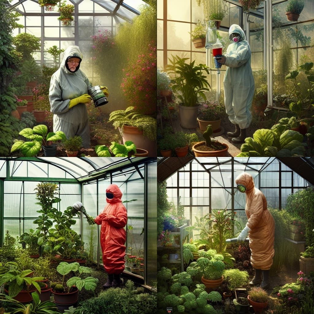 Hazmat Gardener in Greenhouse: Artstation-Style Photo