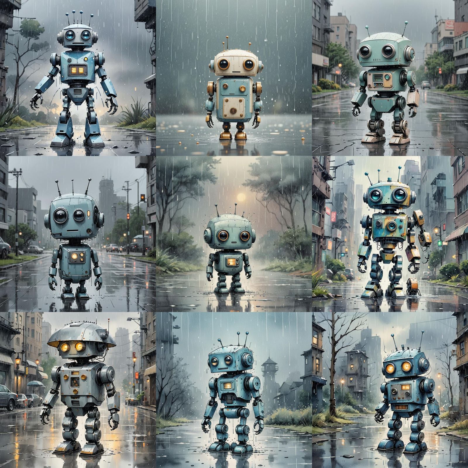 Charming Cartoon Robot in Rainy Scene