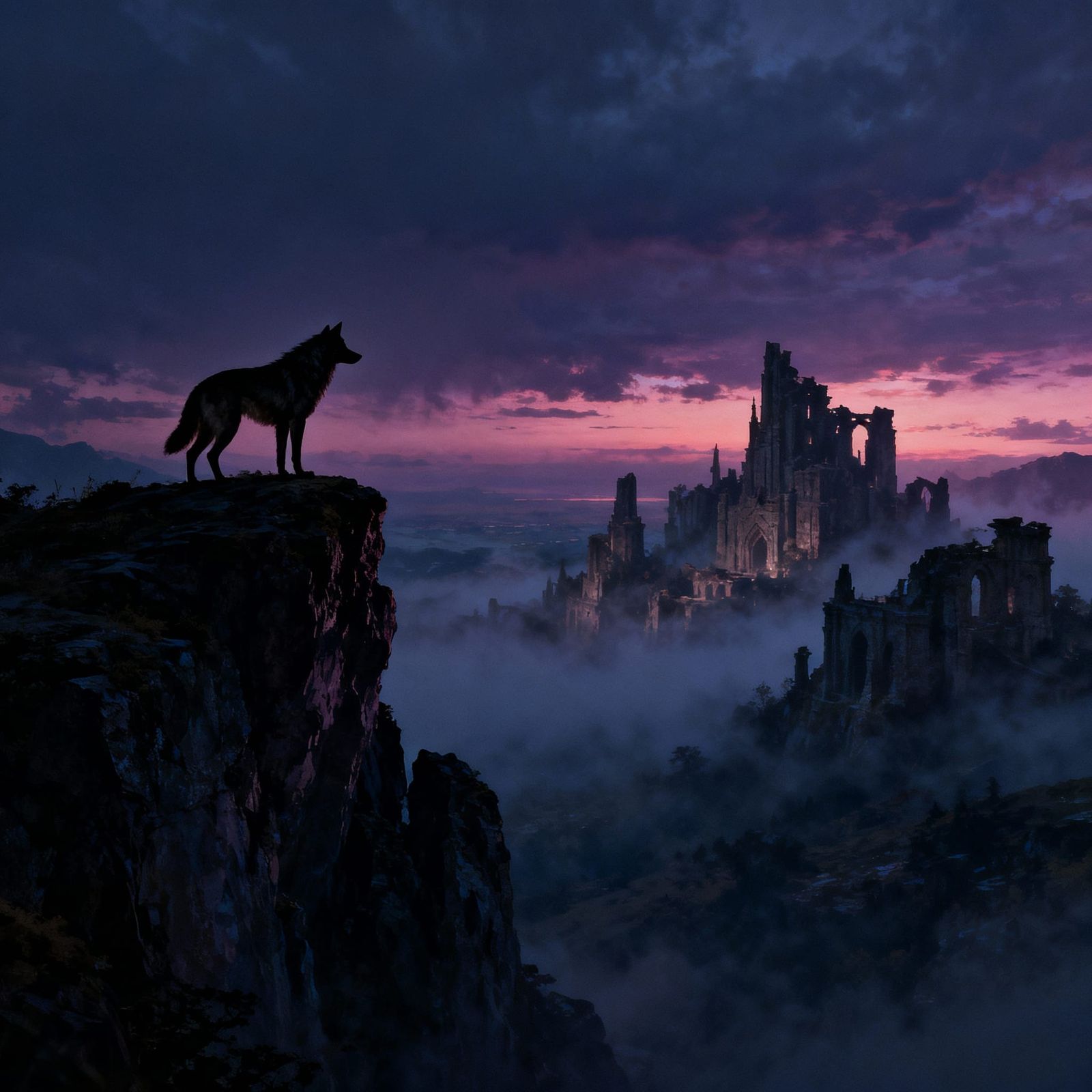 Lone Wolf Overlooking Forgotten Kingdom at Twilight