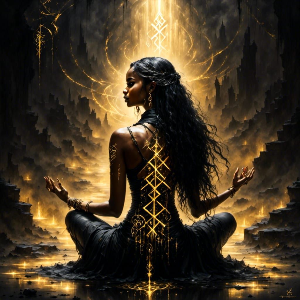 Meditating Woman with Glowing Runes in Dark Forest