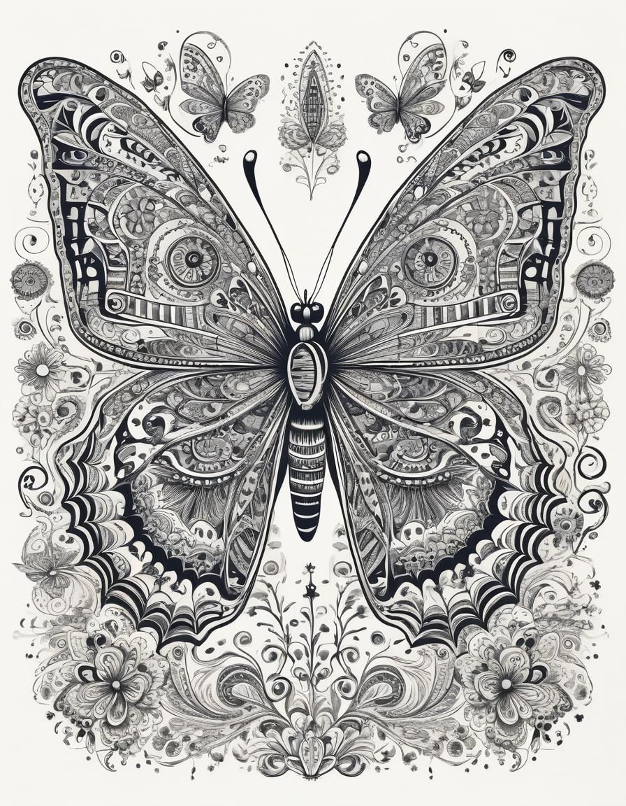 Monochromatic Doodle Butterfly with Ornamental Wing Patterns