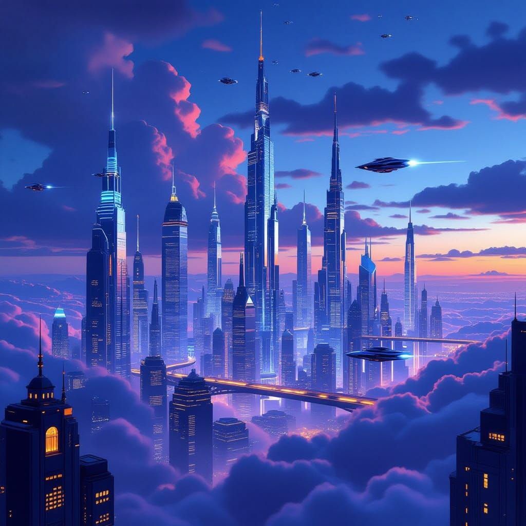Futuristic Cityscape at Twilight in Digital Art Style