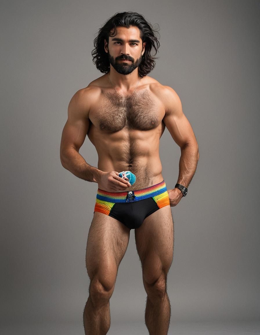 an evocative full-body portrait that portrays a stunning  shirtless young gay bearded guy, his form rendered with sensit...