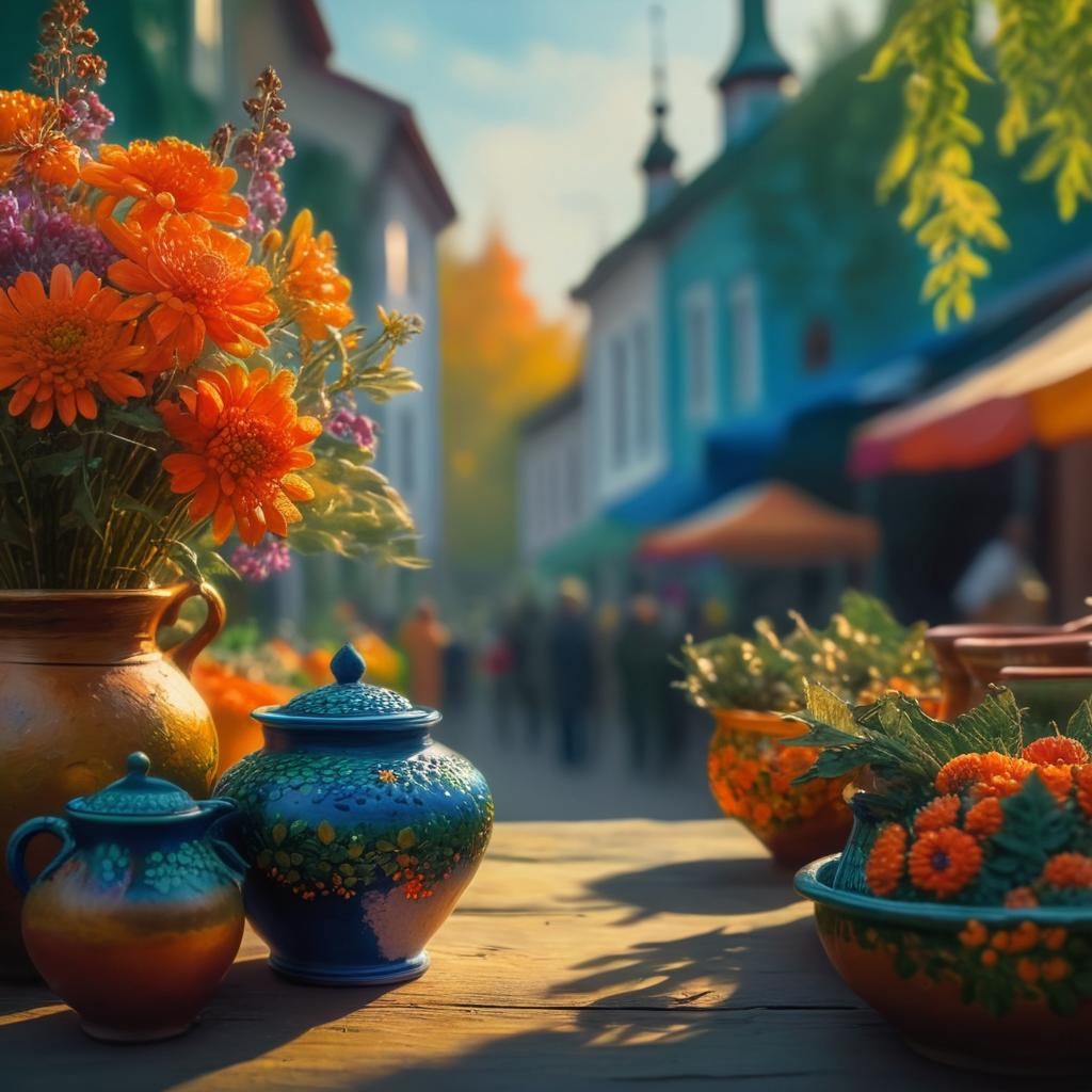 Petrykivka Pottery in Autumn Market as Impasto Painting
