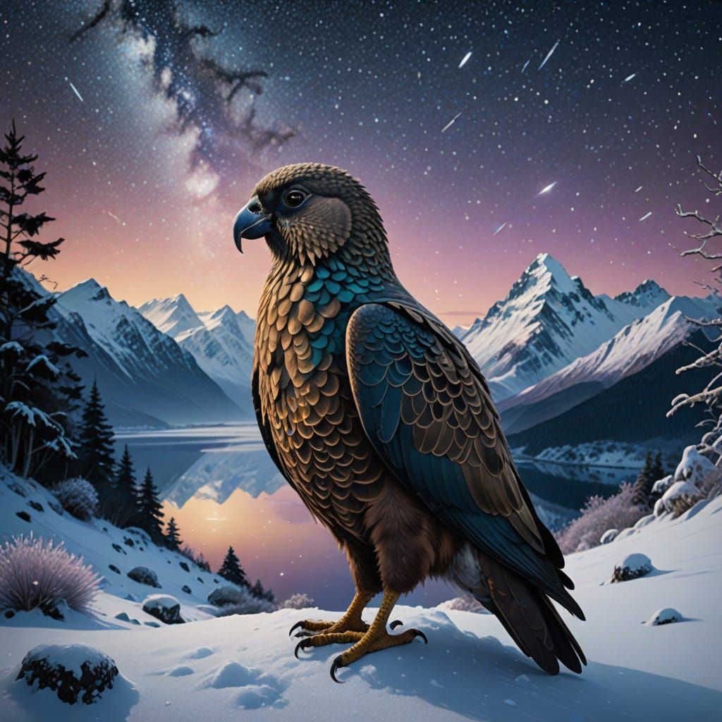 Majestic New Zealand Kea Soars in Winter Wonderland