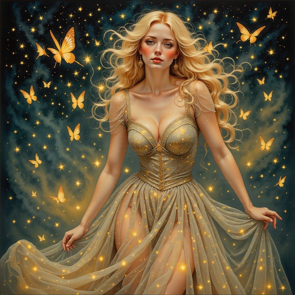European Woman Surrounded by Butterflies, Art Nouveau Style