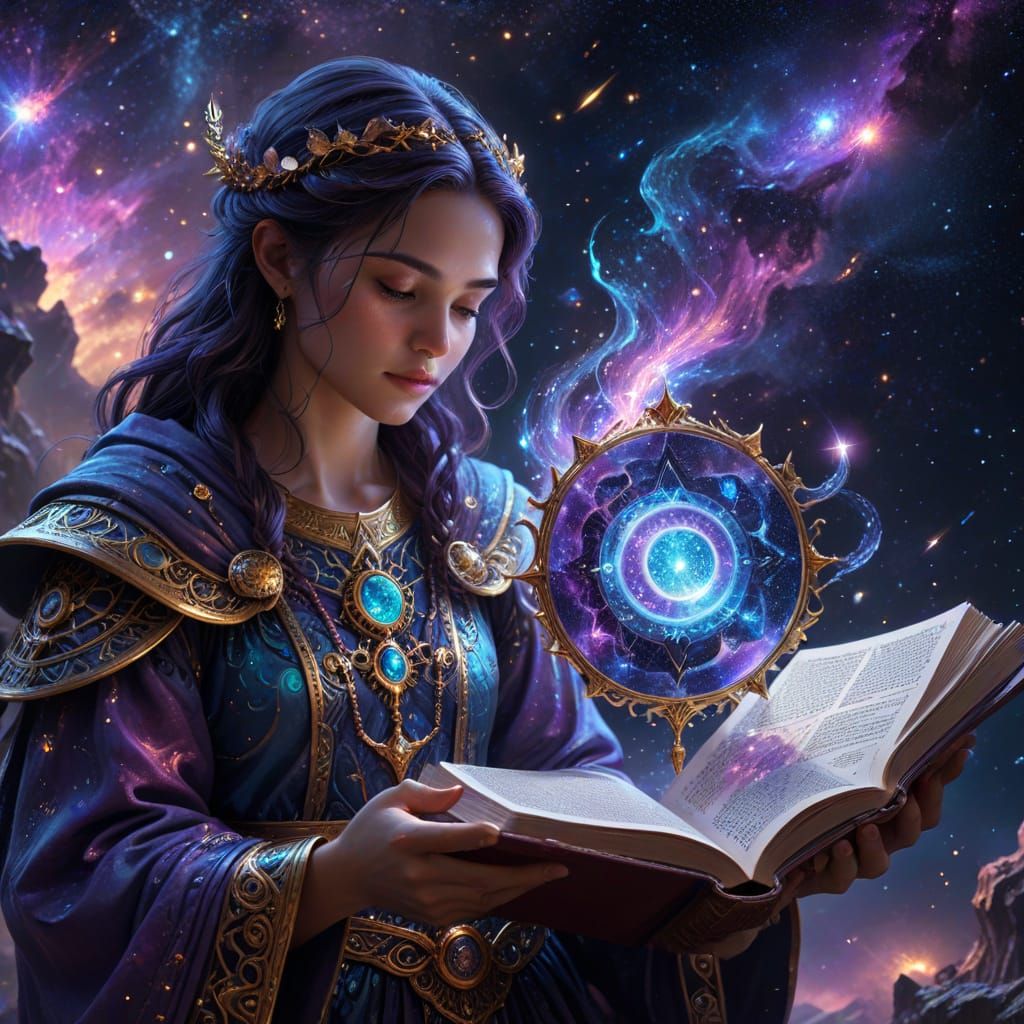 Celestial Being with Ancient Tome in Cosmic Landscape