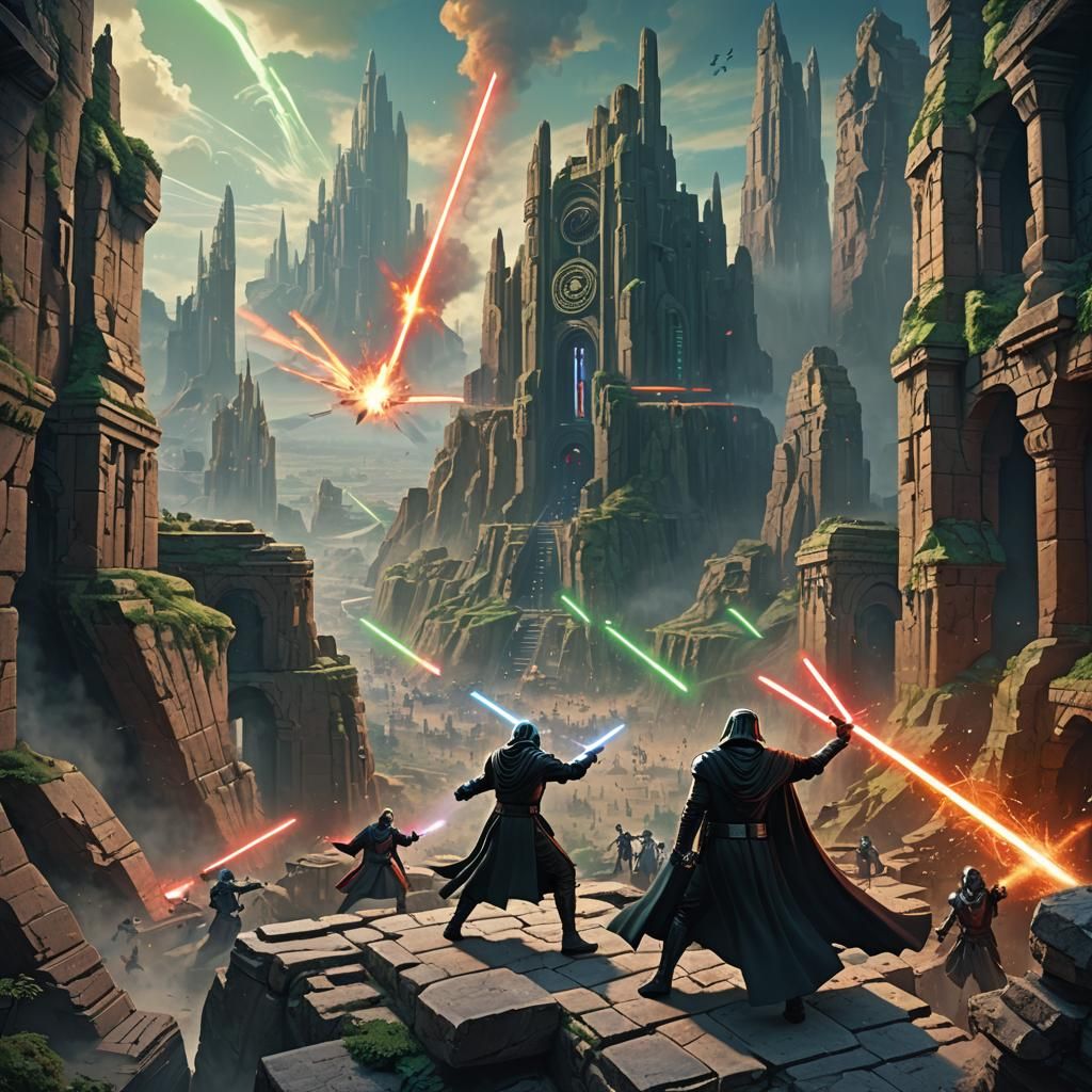Epic Jedi vs Sith Battle in Ruined Cityscape